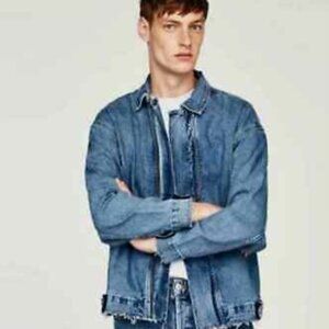 Zara Men Zip Up Denim Raw Edge Jacket Size S NWT